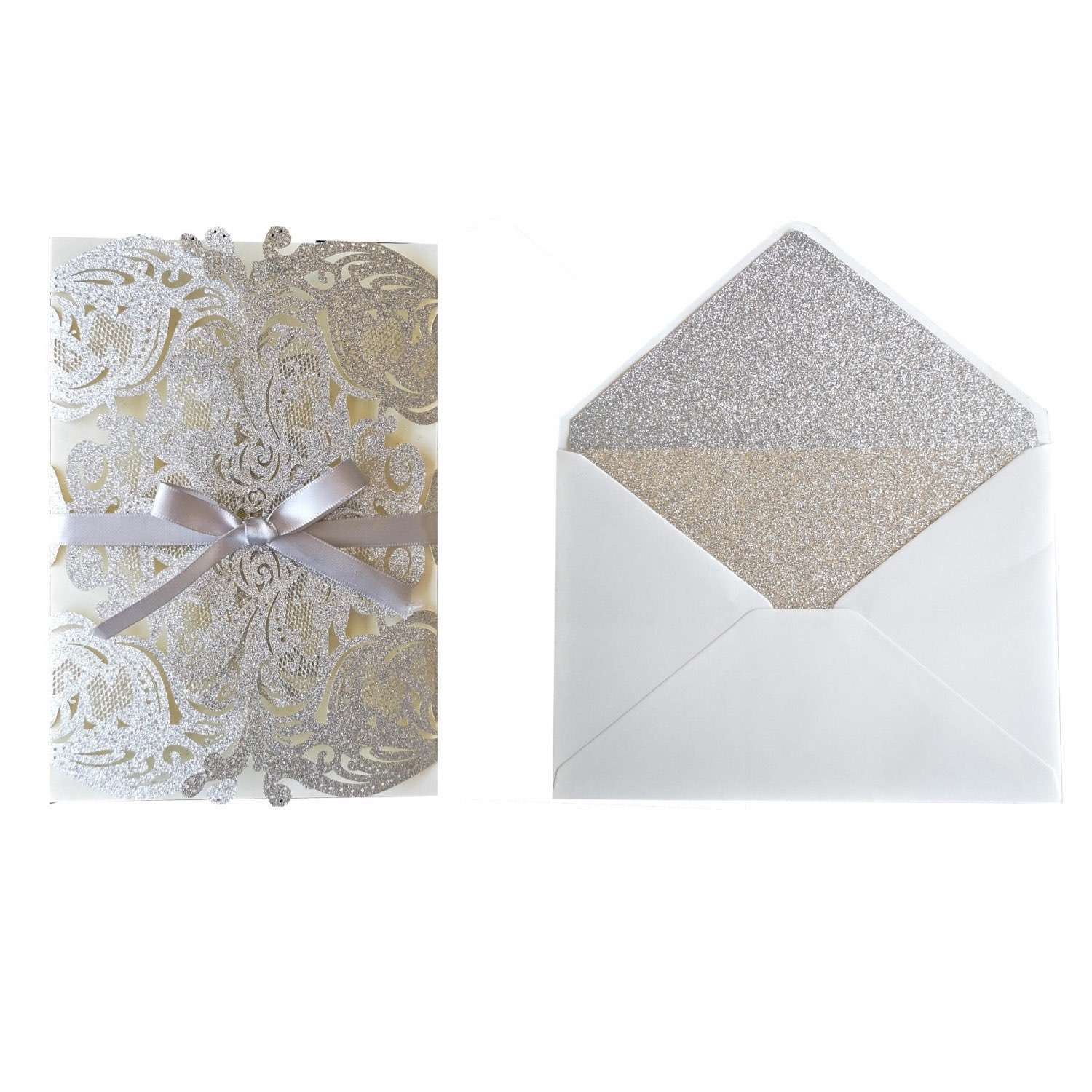 Silvery Invitation Card Glitter Marriage Invitation With Ribbon Bow Laser Cut